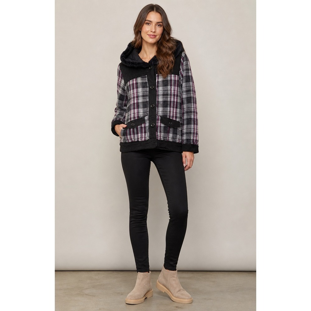 Y2K Fox Racing Coat Small Plaid Button Front Faux Fur Lined Hood Pockets Grunge